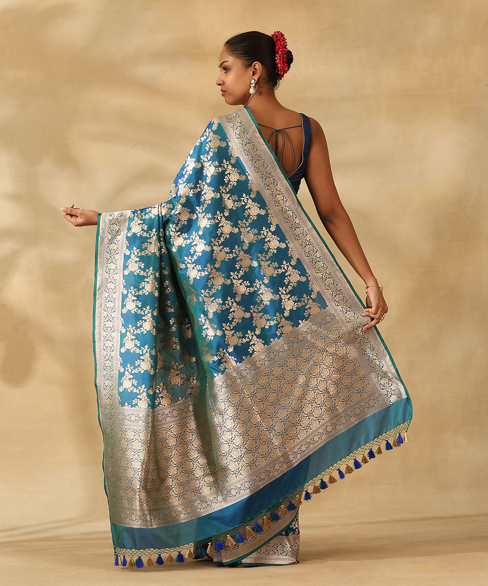 Peacock_Blue_Handloom_Pure_Katan_Silk_Banarasi_Saree_With_Champagne_Gold_Zari_Cutwork_Floral_Jaal_WeaverStory_03