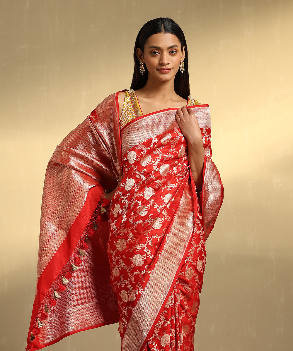 Red_Handloom_Pure_Katan_Silk_Banarasi_Saree_With_Cutwork_Jaal_WeaverStory_02