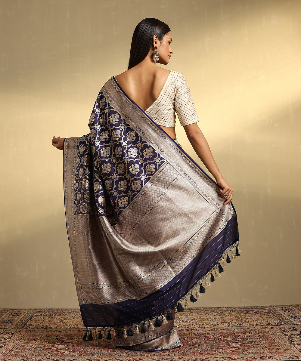 Handloom_Ink_Blue_Pure_Katan_Silk_Jangla_Banarasi_Saree_With_Gold_And_Silver_Zari_Meenakari_WeaverStory_03