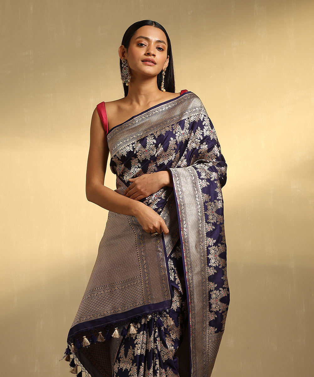 Handloom_Ink_Blue_Pure_Katan_Silk_Jangla_Banarasi_Saree_With_Gold_And_Silver_Zari_And_Red_Meenakari_WeaverStory_02