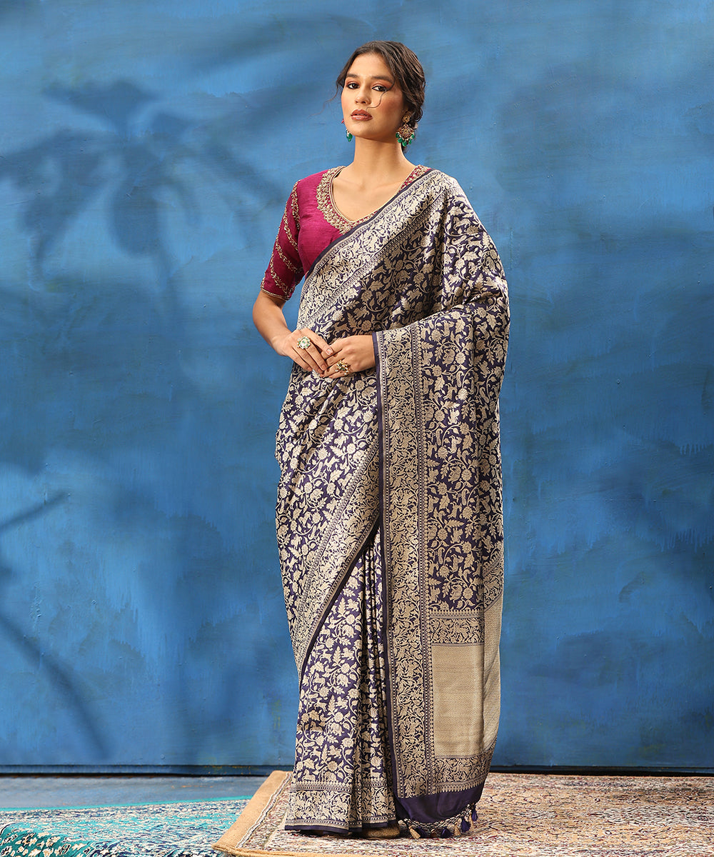 Handloom_Ink_Blue_Pure_Katan_Silk_Shikargah_Banarasi_Saree_With_Elephants_And_Peacocks_On_Border_WeaverStory_01
