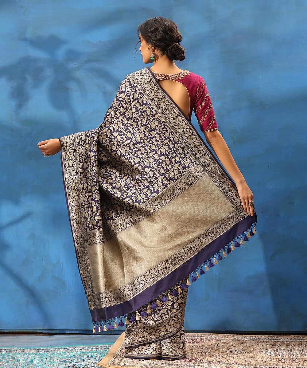 Handloom_Ink_Blue_Pure_Katan_Silk_Shikargah_Banarasi_Saree_With_Elephants_And_Peacocks_On_Border_WeaverStory_03