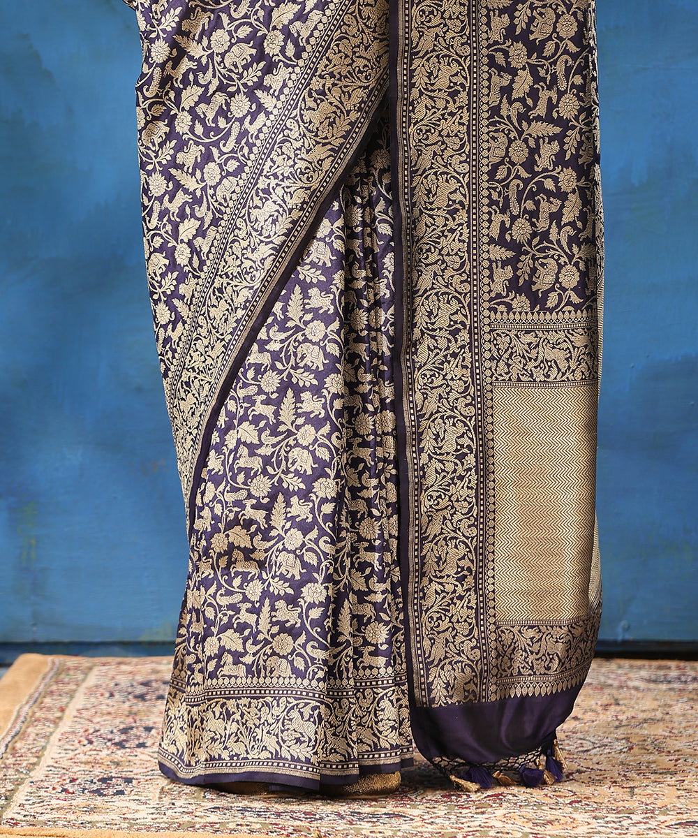 Handloom_Ink_Blue_Pure_Katan_Silk_Shikargah_Banarasi_Saree_With_Elephants_And_Peacocks_On_Border_WeaverStory_04