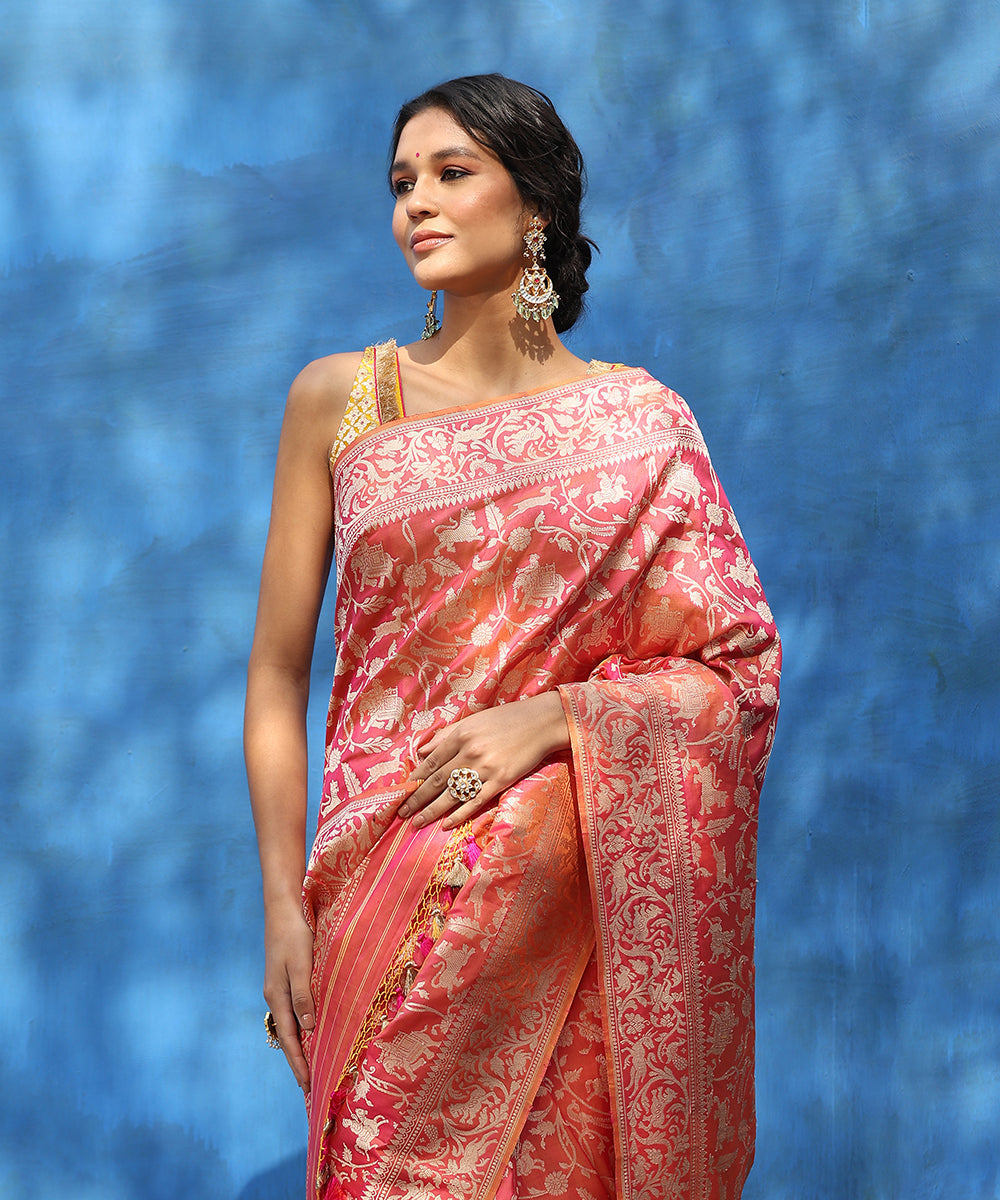 Handloom_Peach_Pure_Katan_Silk_Shikargah_Banarasi_Saree_With_Kadhwa_Jaal_WeaverStory_02