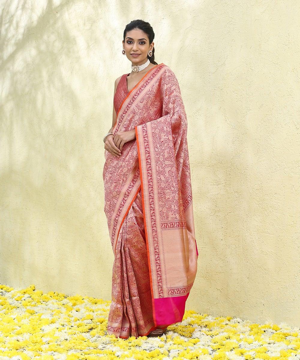 Handloom_Pink_and_Red_Dual_Tone_Pure_Katan_Silk_Brocade_Shikargah_Banarasi_Saree_WeaverStory_02