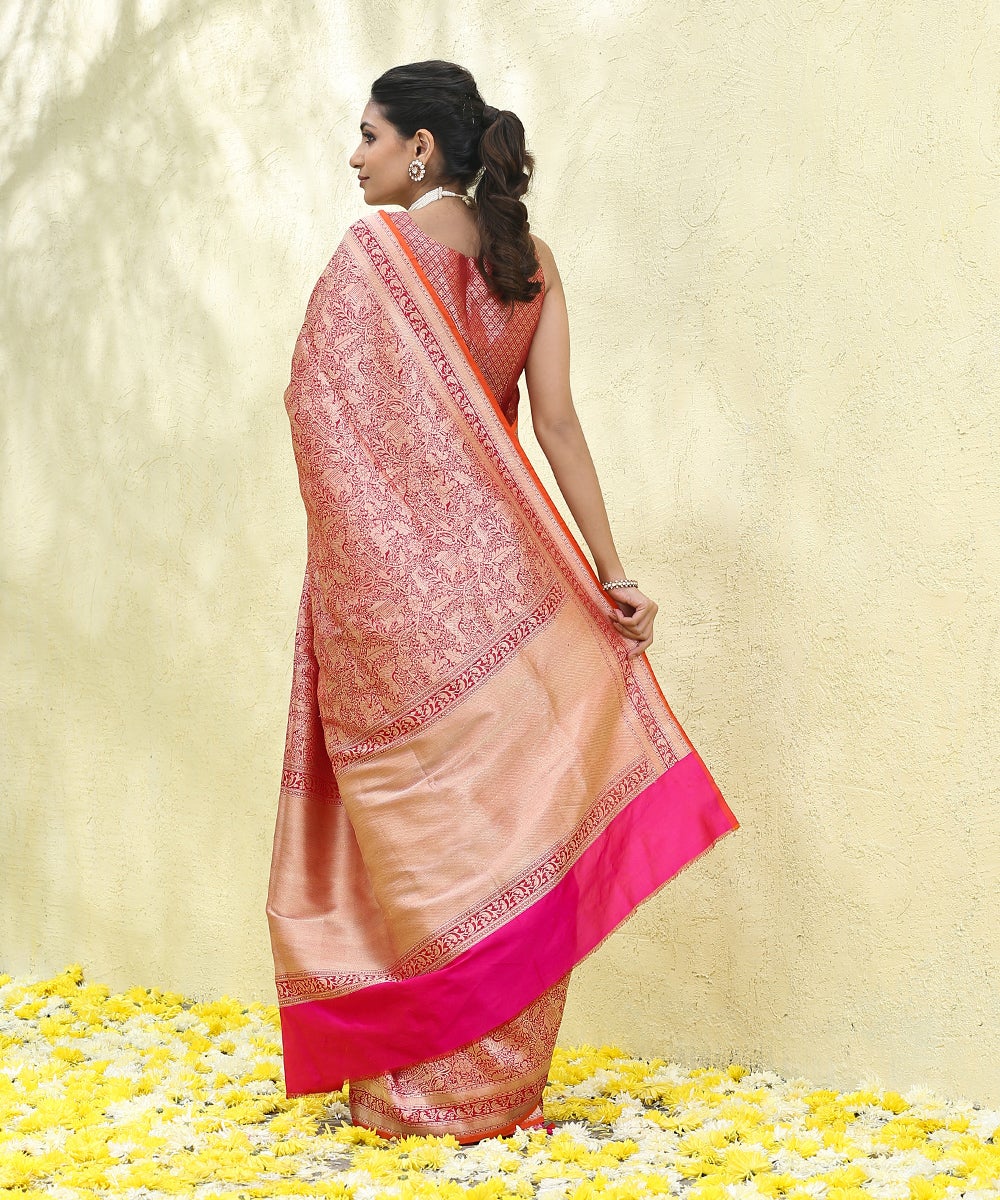 Handloom_Pink_and_Red_Dual_Tone_Pure_Katan_Silk_Brocade_Shikargah_Banarasi_Saree_WeaverStory_03