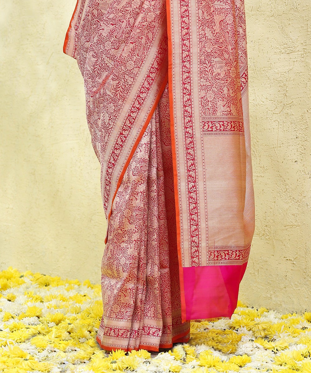 Handloom_Pink_and_Red_Dual_Tone_Pure_Katan_Silk_Brocade_Shikargah_Banarasi_Saree_WeaverStory_04