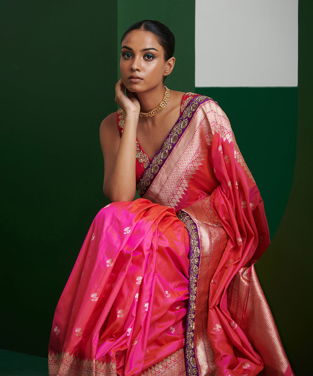 Hot_Pink_Handloom_Pure_Katan_Silk_Banarasi_Saree_With_Small_Flower_Motifs_WeaverStory_01