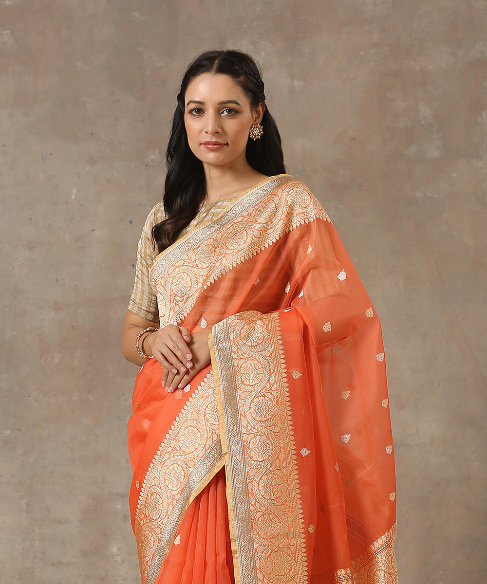 Handloom_Orange_Kora_Silk_Banarasi_Saree_With_Kadhwa_Border_WeaverStory_01