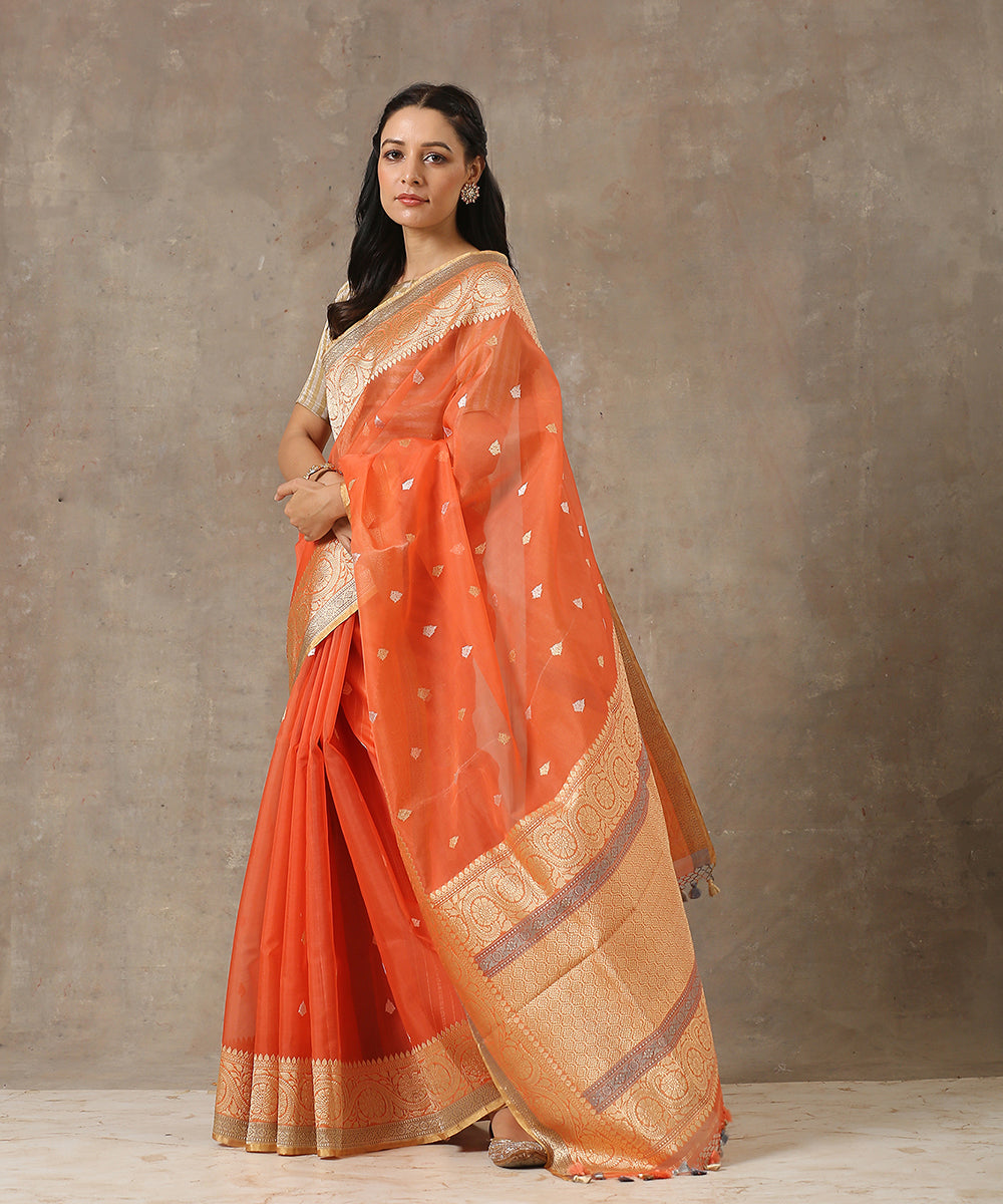 Handloom_Orange_Kora_Silk_Banarasi_Saree_With_Kadhwa_Border_WeaverStory_02