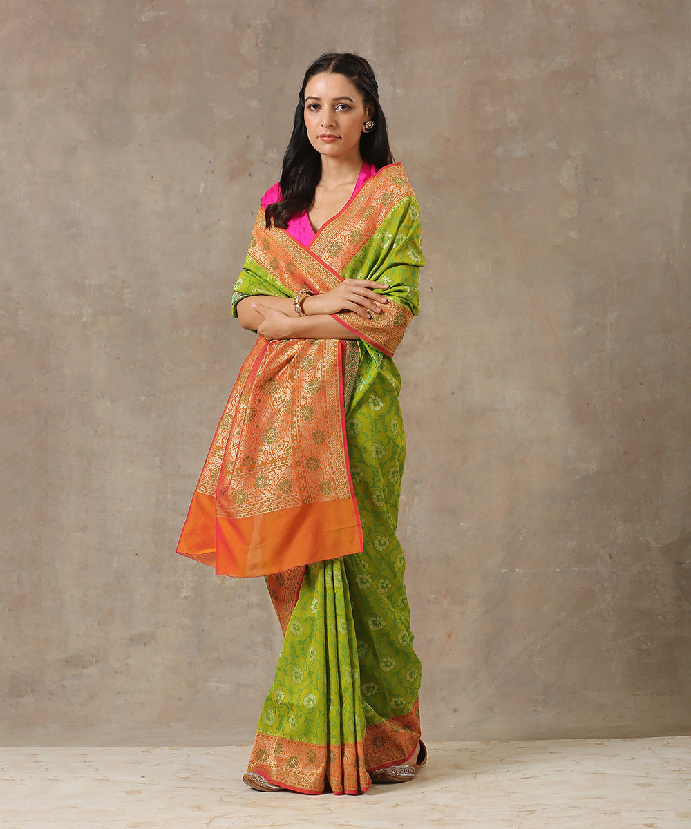 Handloom_Green_Katan_Georgette_Banarasi_Patola_Saree_With_Orange_Border_WeaverStory_02