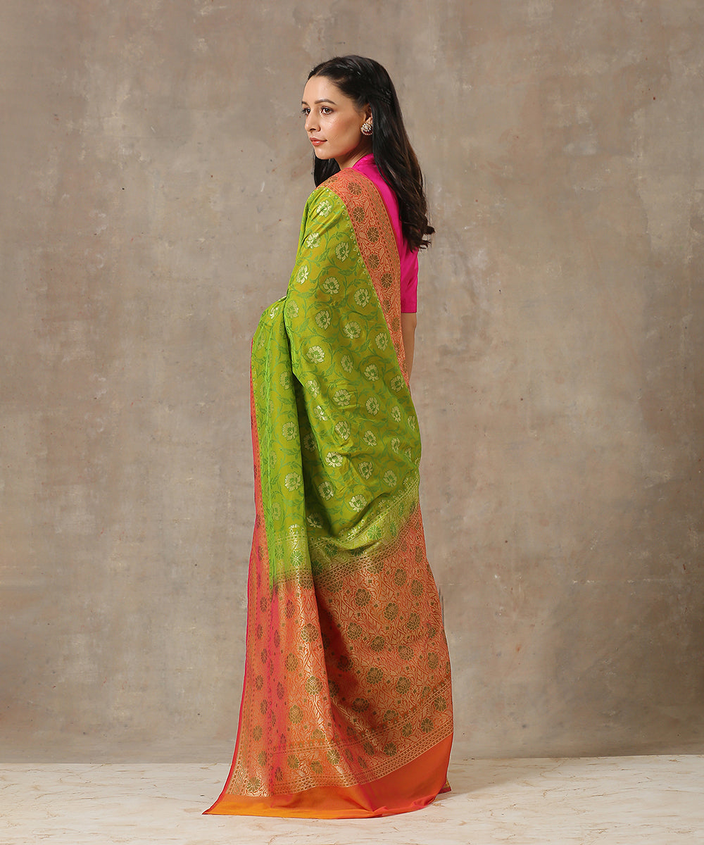 Handloom_Green_Katan_Georgette_Banarasi_Patola_Saree_With_Orange_Border_WeaverStory_03