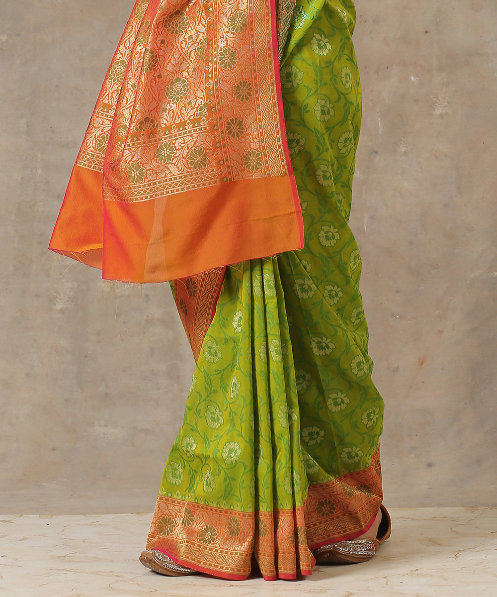 Handloom_Green_Katan_Georgette_Banarasi_Patola_Saree_With_Orange_Border_WeaverStory_04