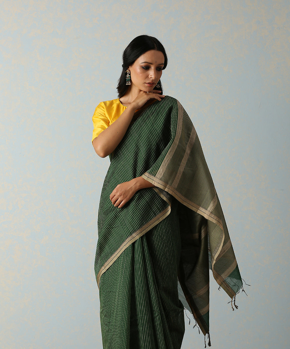 Handloom_Green_Stripes_Maheshwari_Saree_WeaverStory_01