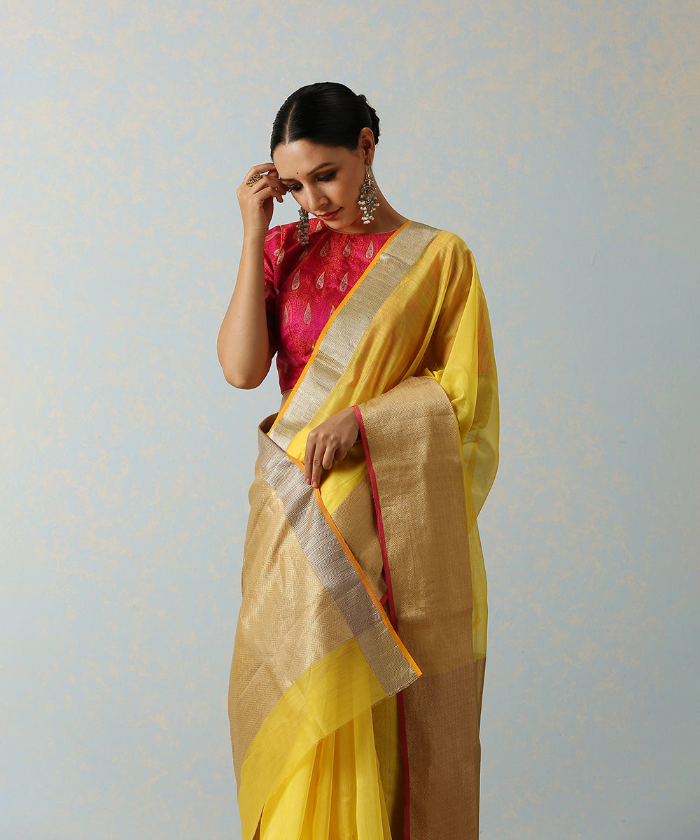 Gold Jamdani Chanderi Saree with Geometrical Zari weaving & Colorblocked border