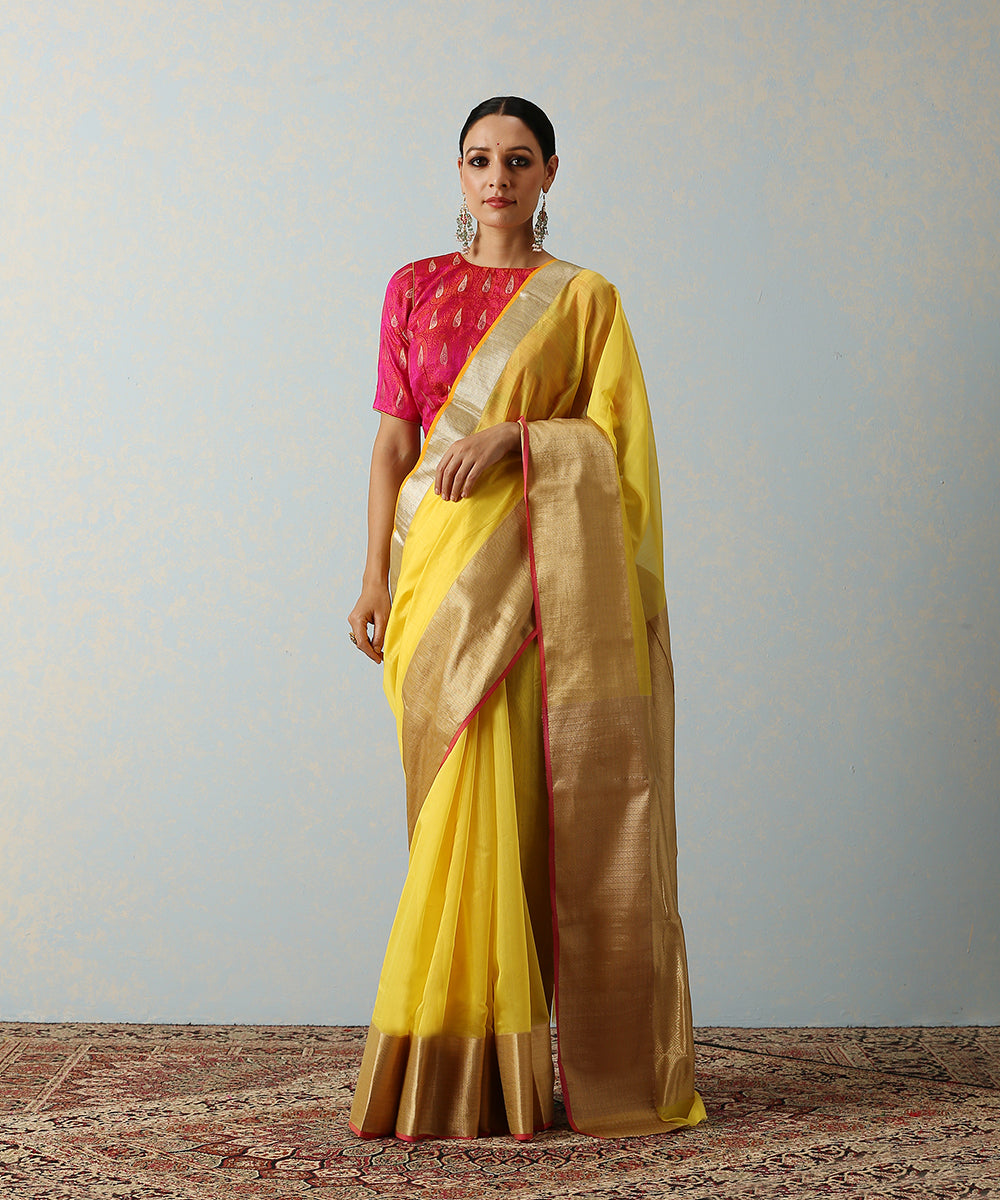 Handloom_Yellow_Plain_Chanderi_Saree_With_Gold_Zig_Zag_Border_WeaverStory_02