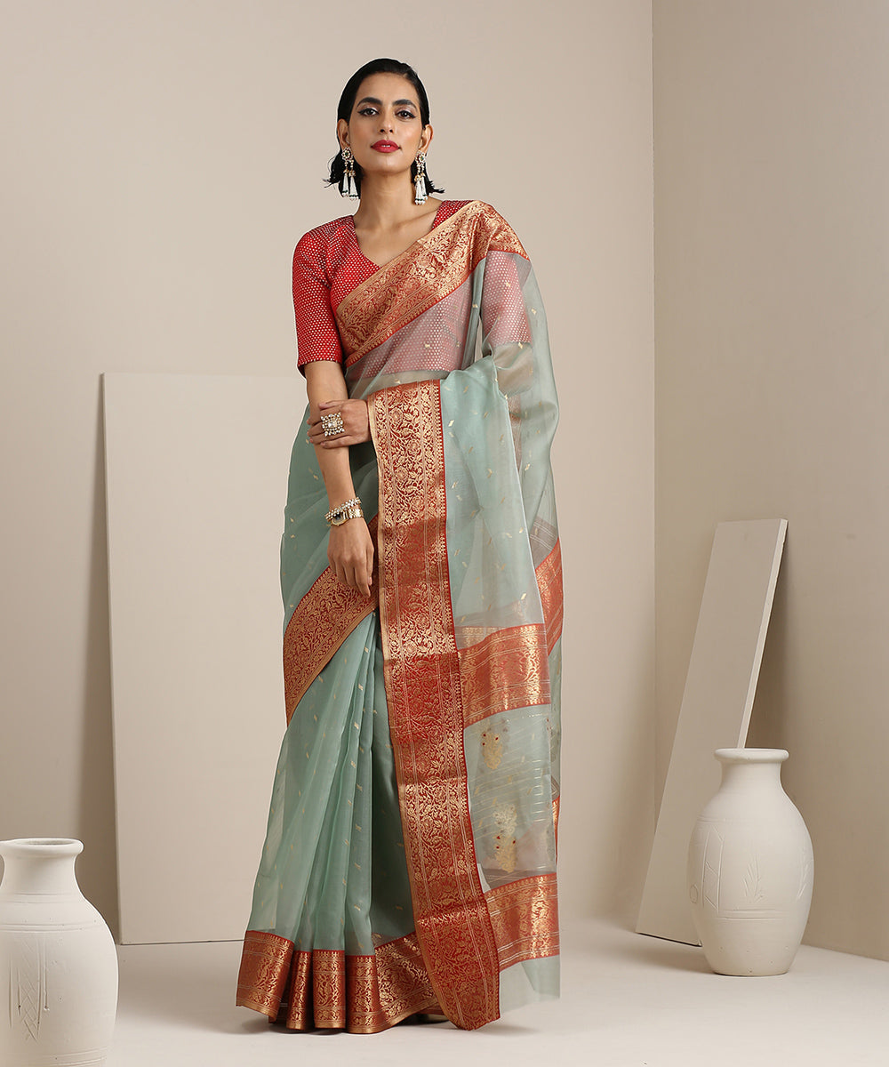 Blue_Handloom_Organza_Silk_Chanderi_Saree_With_Gold_Meenakari_Border_WeaverStory_02