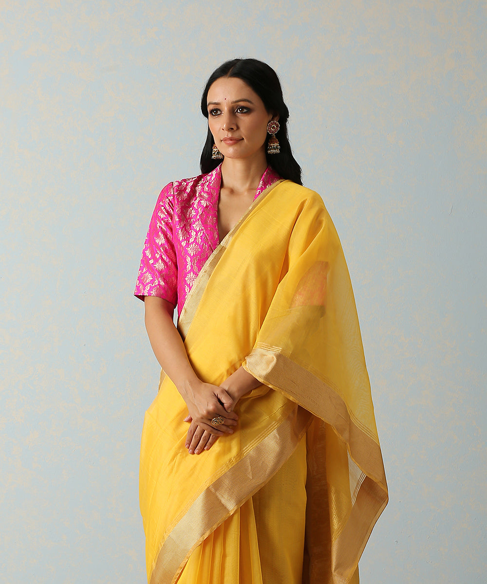 Yellow_Handloom_Chanderi_Saree_With_Gold_Cheveron_Border_WeaverStory_01