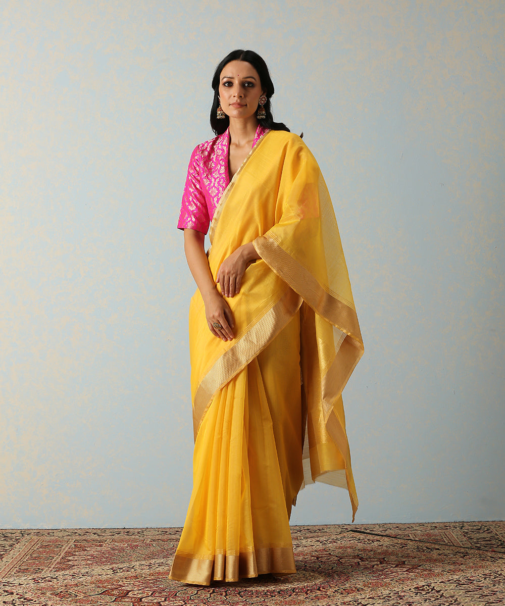 Yellow_Handloom_Chanderi_Saree_With_Gold_Cheveron_Border_WeaverStory_02