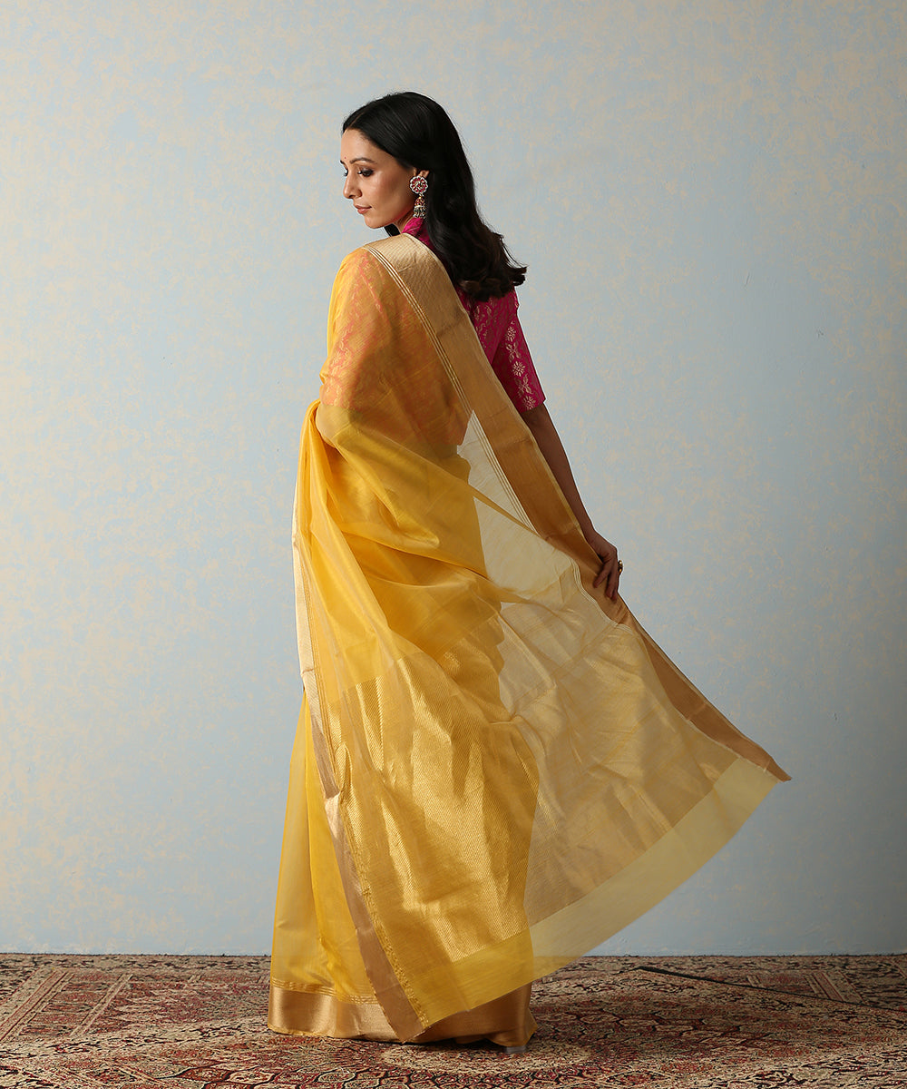 Yellow_Handloom_Chanderi_Saree_With_Gold_Cheveron_Border_WeaverStory_03
