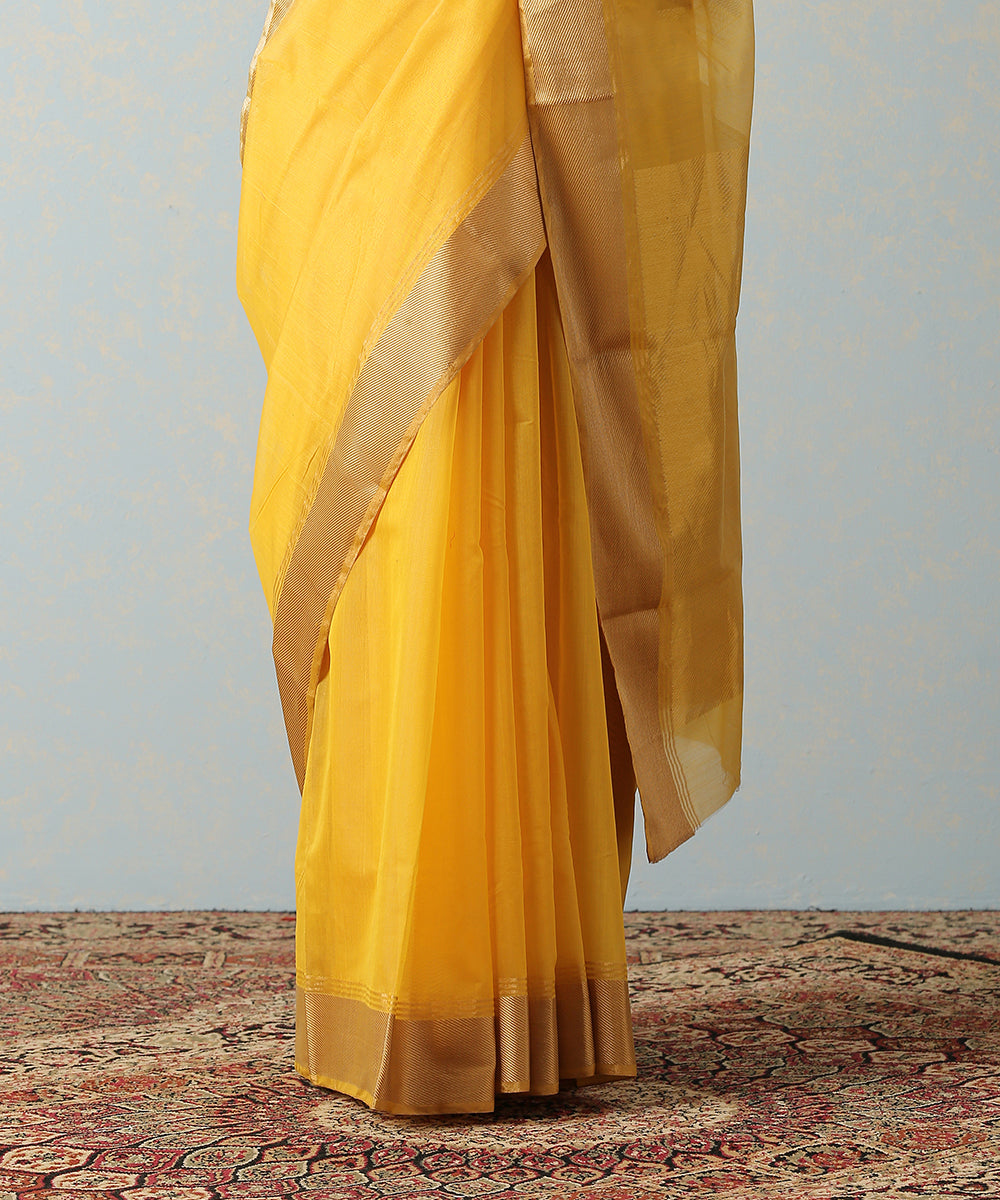 Yellow_Handloom_Chanderi_Saree_With_Gold_Cheveron_Border_WeaverStory_04