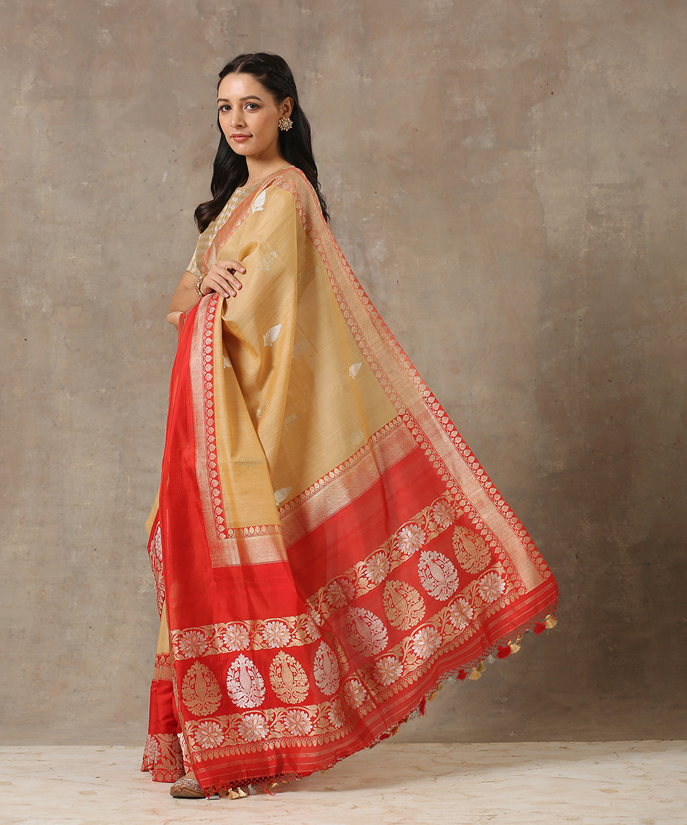 Beige_Handloom_Tussar_Silk_Banarasi_Saree_With_Leaf_Motifs_And_Broad_Red_Border_WeaverStory_03