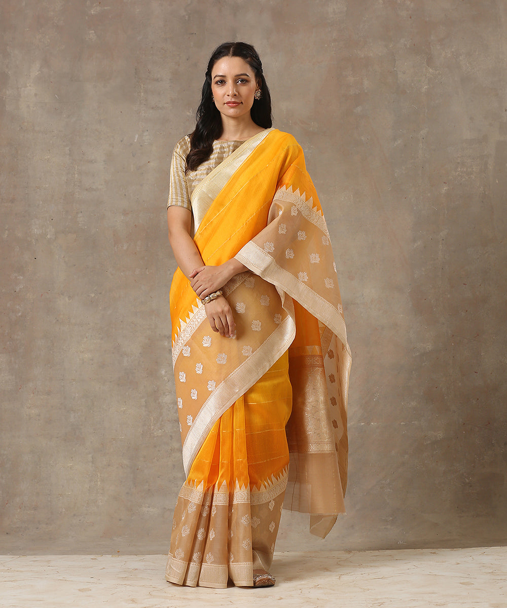 Handloom_Yellow_Ektara_Organza_Banarasi_Saree_With_Beige_Kadhwa_Booti_Border_WeaverStory_02