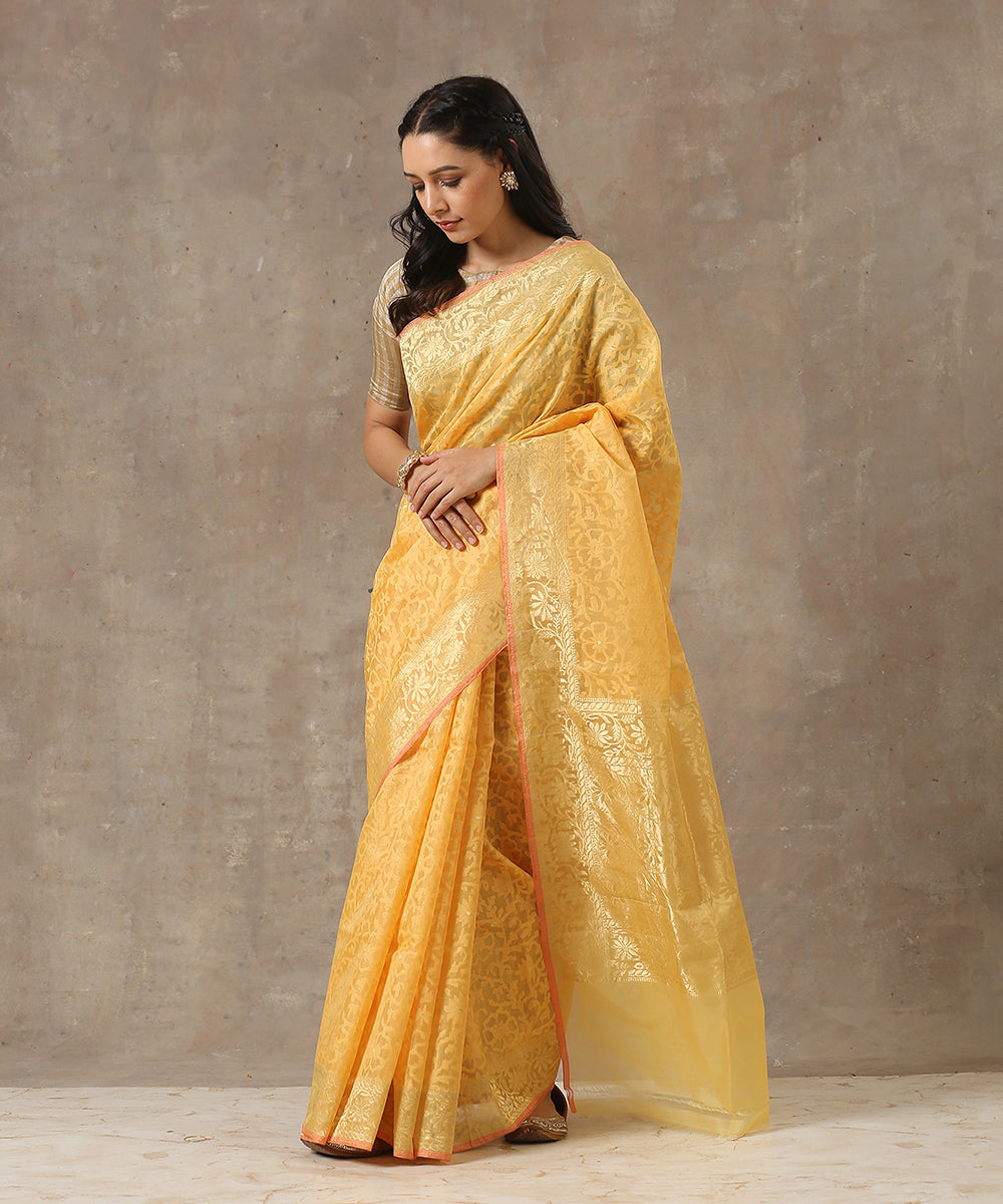 Handloom_Yellow_Kora_Cotton_Banarasi_Saree_with_All_Over_Jaal_WeaverStory_02