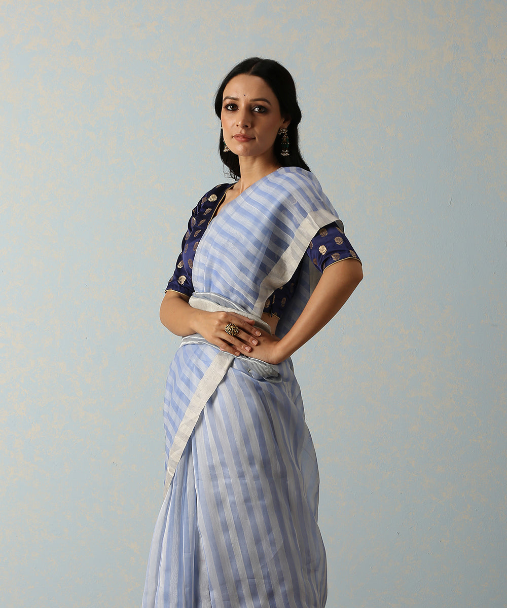 Handloom_Blue_Stripes_Cotton_Silk_Chanderi_SareeWith_Thin_Border_WeaverStory_01