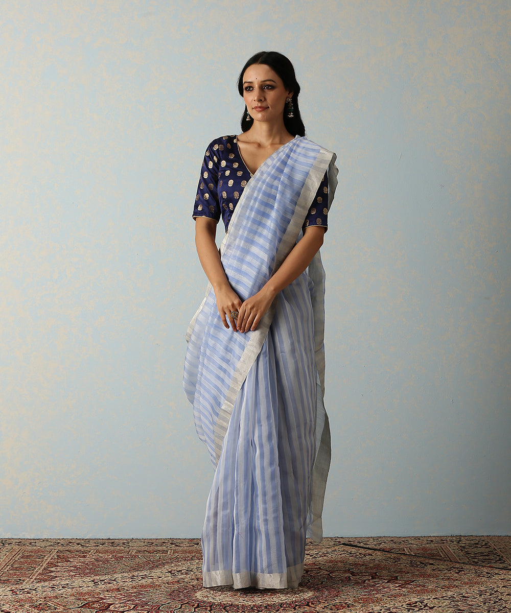Handloom_Blue_Stripes_Cotton_Silk_Chanderi_SareeWith_Thin_Border_WeaverStory_02
