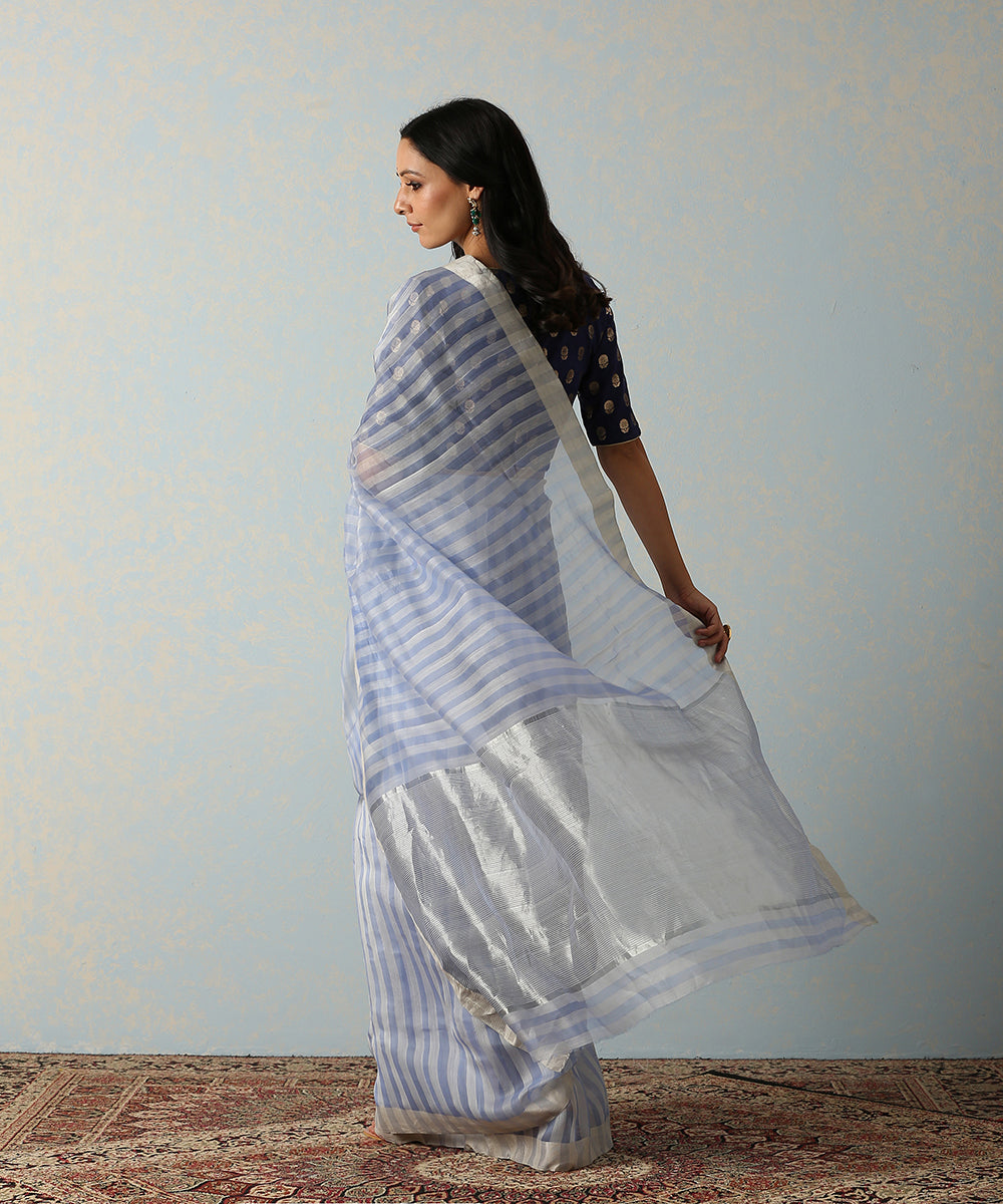 Handloom_Blue_Stripes_Cotton_Silk_Chanderi_SareeWith_Thin_Border_WeaverStory_03
