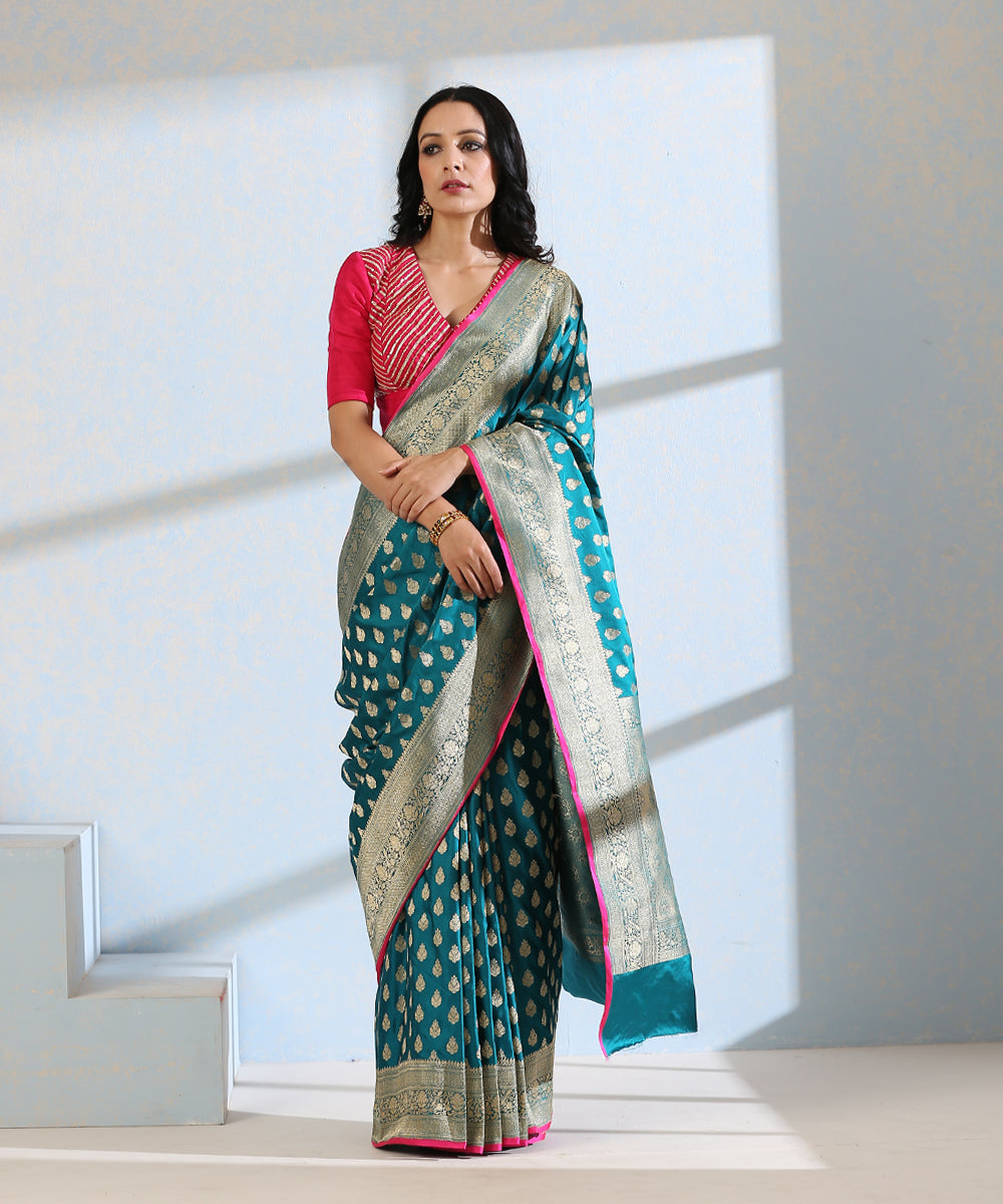 Teal_Blue_Handloom_Pure_Satin_Silk_Banarasi_Saree_With_Booti_And_Floral_Border_WeaverStory_02