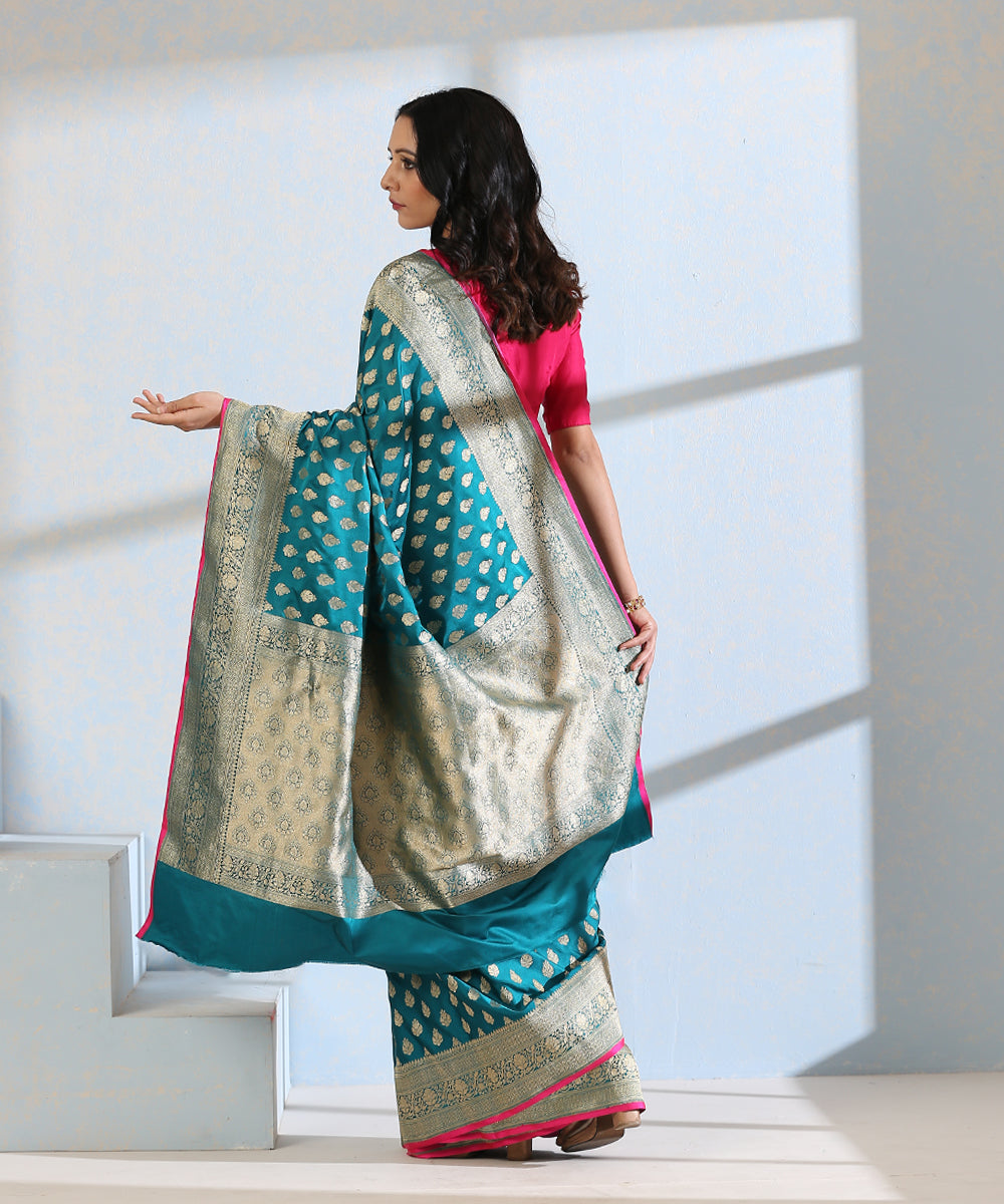 Teal_Blue_Handloom_Pure_Satin_Silk_Banarasi_Saree_With_Booti_And_Floral_Border_WeaverStory_03