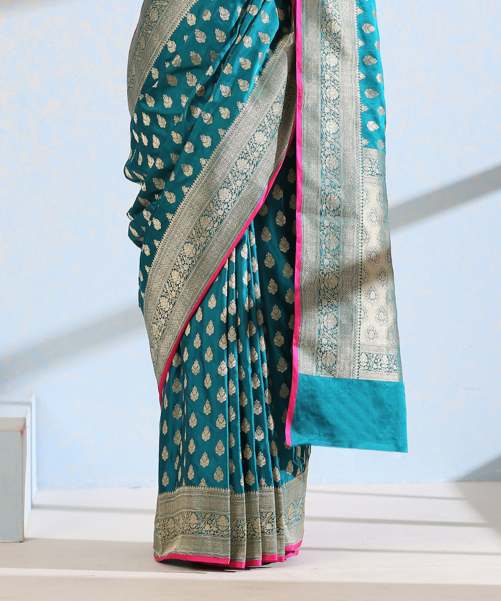 Teal_Blue_Handloom_Pure_Satin_Silk_Banarasi_Saree_With_Booti_And_Floral_Border_WeaverStory_04