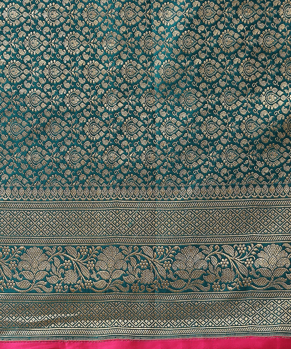 Teal_Blue_Handloom_Pure_Satin_Silk_Banarasi_Saree_With_Booti_And_Floral_Border_WeaverStory_05
