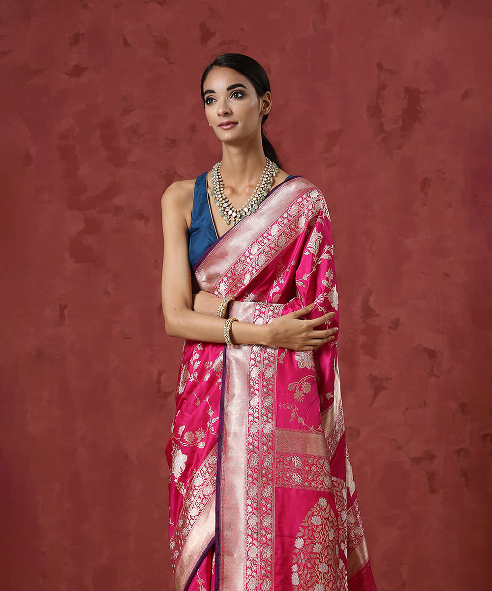 Pink_Handloom_Pure_Katan_Silk_Banarasi_Saree_With_Zari_Border_WeaverStory_01