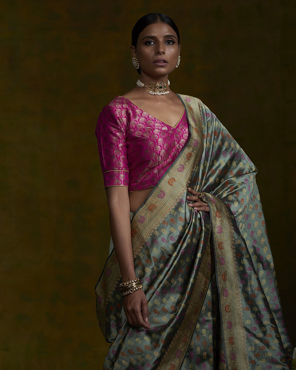 Pista_and_Black_Handloom_Baluchari_Saree_with_Small_Floral_Booti_WeaverStory_01