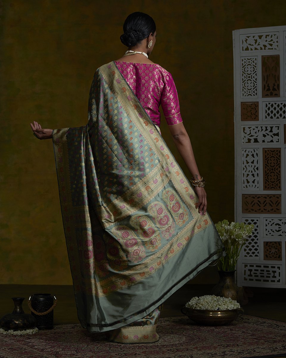 Pista_and_Black_Handloom_Baluchari_Saree_with_Small_Floral_Booti_WeaverStory_03