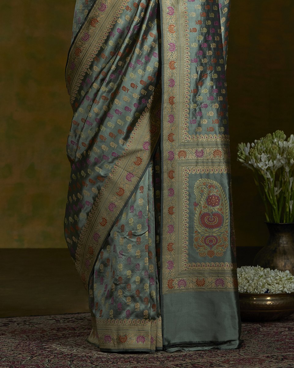Pista_and_Black_Handloom_Baluchari_Saree_with_Small_Floral_Booti_WeaverStory_04