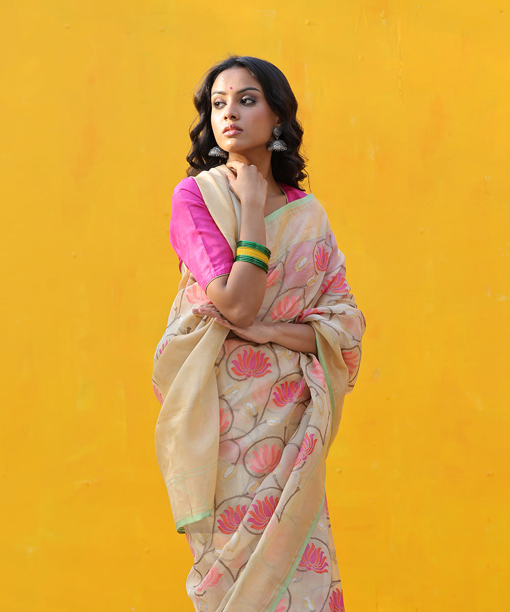 Beige_Handloom_Kora_Cotton_Banarasi_Saree_With_Kamal_Zari_Jaal_WeaverStory_01