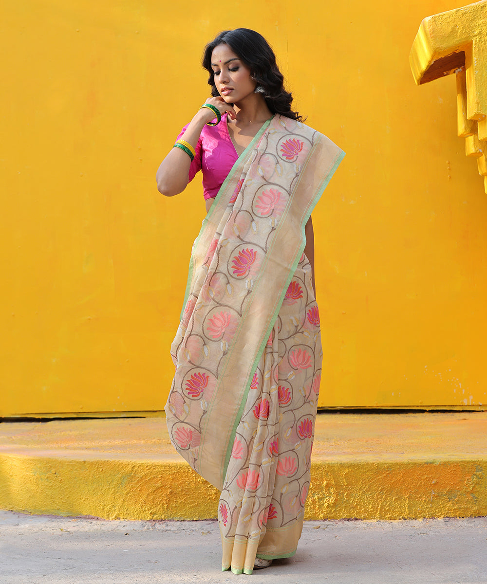 Beige_Handloom_Kora_Cotton_Banarasi_Saree_With_Kamal_Zari_Jaal_WeaverStory_02