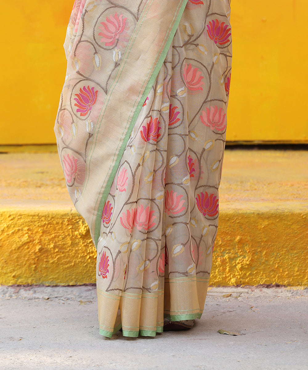 Beige_Handloom_Kora_Cotton_Banarasi_Saree_With_Kamal_Zari_Jaal_WeaverStory_04