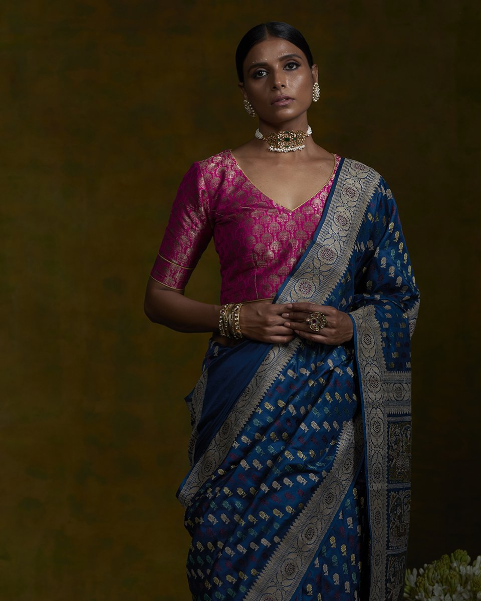 Handloom_Indigo_Baluchari_Saree_with_small_Floral_Motifs_and_Elephant_Pallu_WeaverStory_01