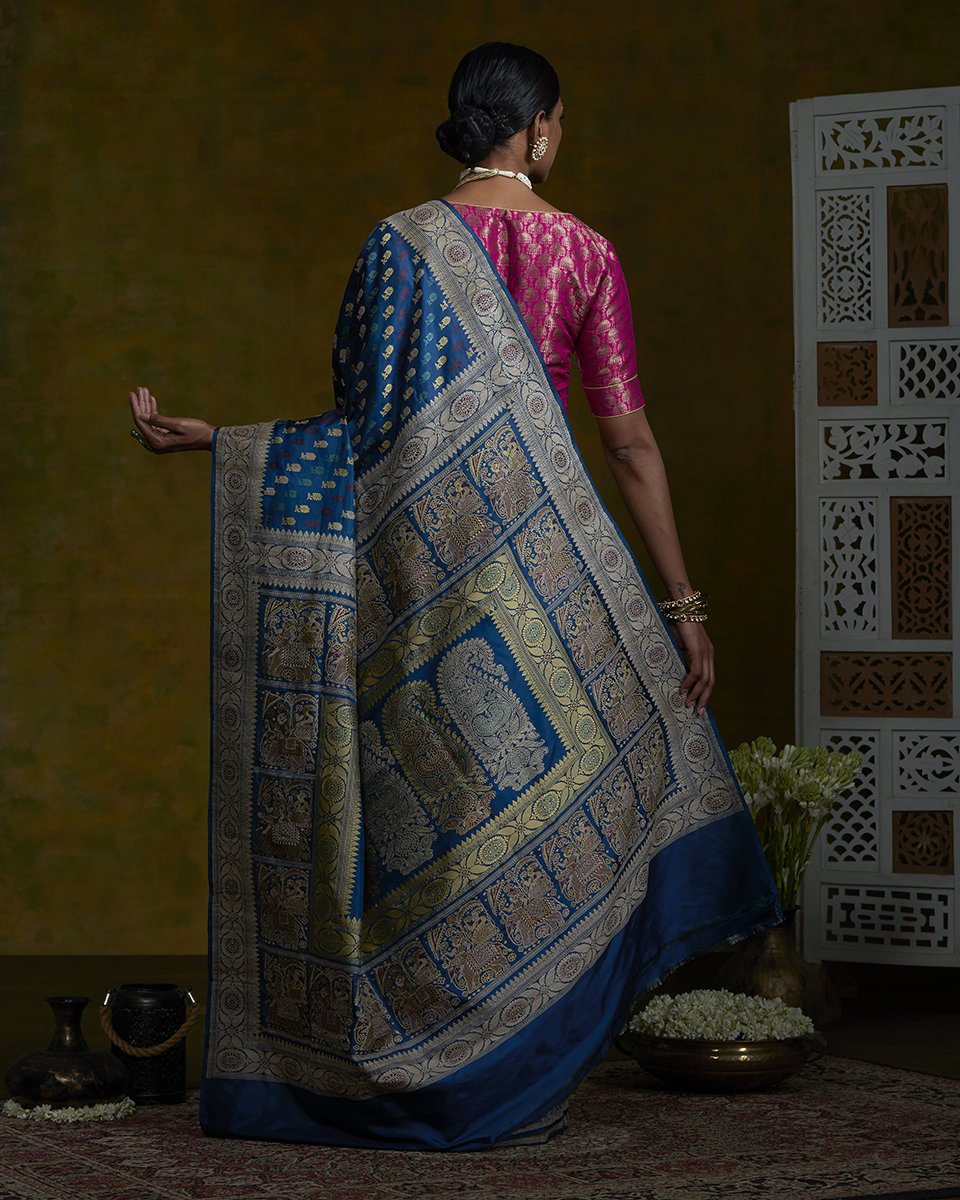 Handloom_Indigo_Baluchari_Saree_with_small_Floral_Motifs_and_Elephant_Pallu_WeaverStory_03