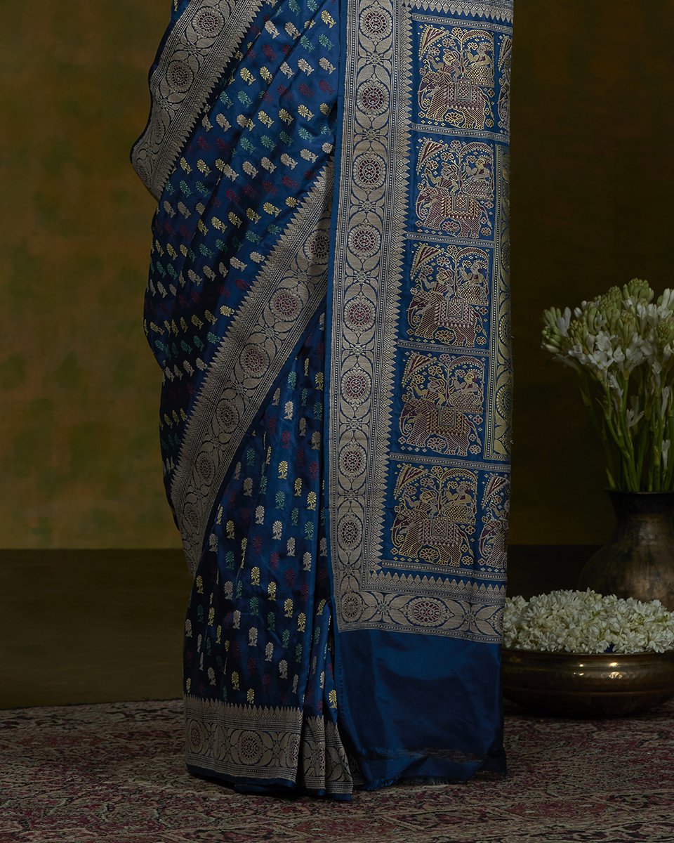Handloom_Indigo_Baluchari_Saree_with_small_Floral_Motifs_and_Elephant_Pallu_WeaverStory_04