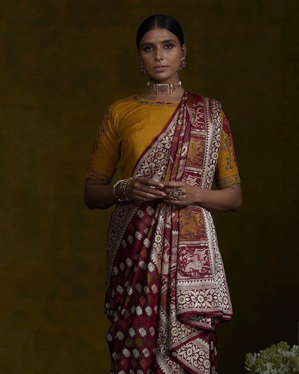 Maroon_Handloom_Banarasi_Baluchari_Saree_with_Horse_Pallu_WeaverStory_01