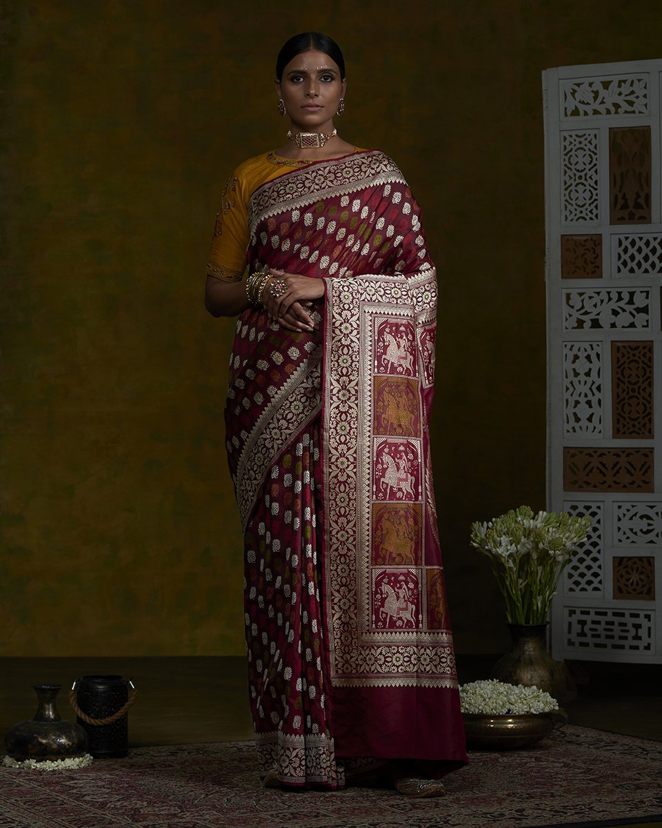 Maroon_Handloom_Banarasi_Baluchari_Saree_with_Horse_Pallu_WeaverStory_02