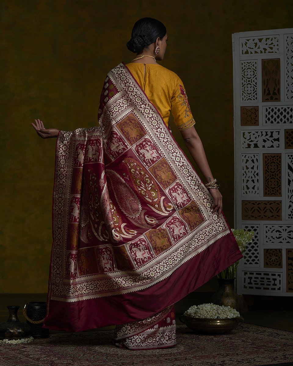 Maroon_Handloom_Banarasi_Baluchari_Saree_with_Horse_Pallu_WeaverStory_03
