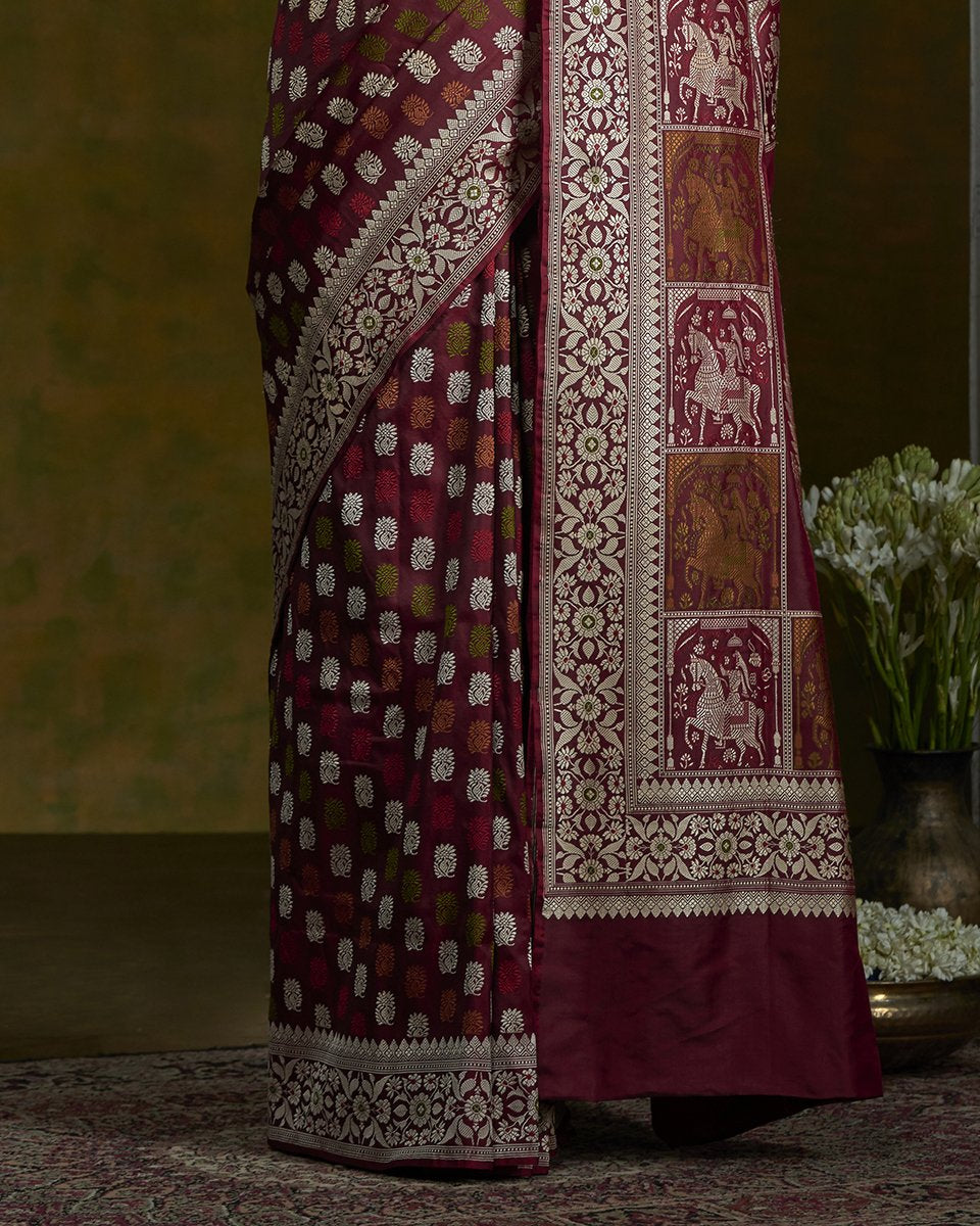 Maroon_Handloom_Banarasi_Baluchari_Saree_with_Horse_Pallu_WeaverStory_04