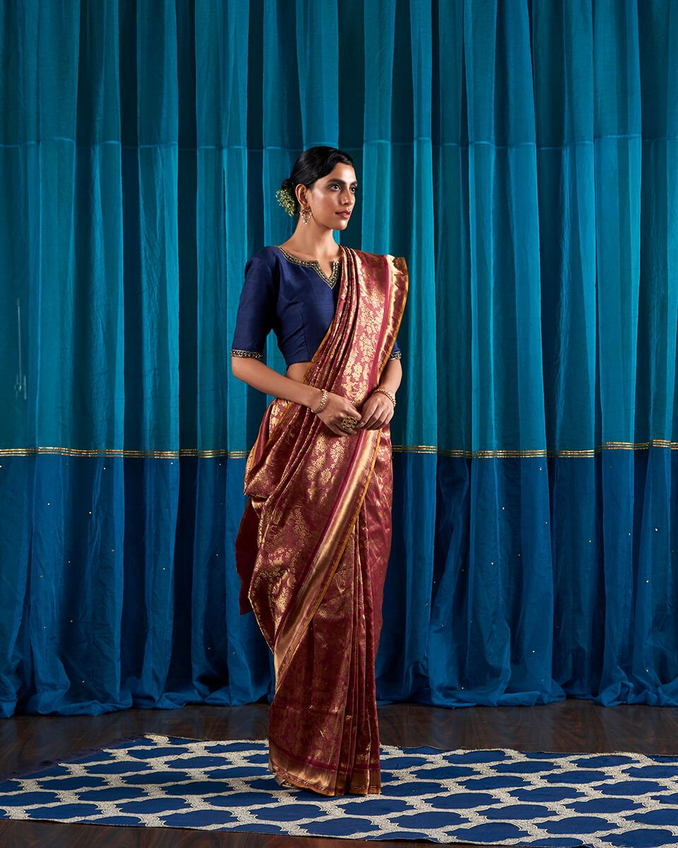 Handloom_Wine_Red_Kimkhab_Shikargah_Saree_with_a_Mustard_Selvedge_WeaverStory_02